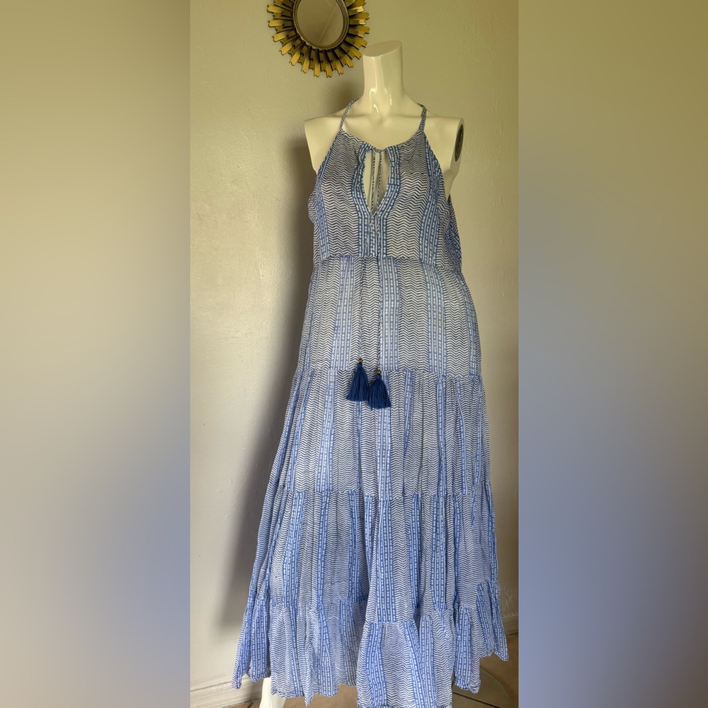 Oliphant Blue and White Tiered Maxi Dress